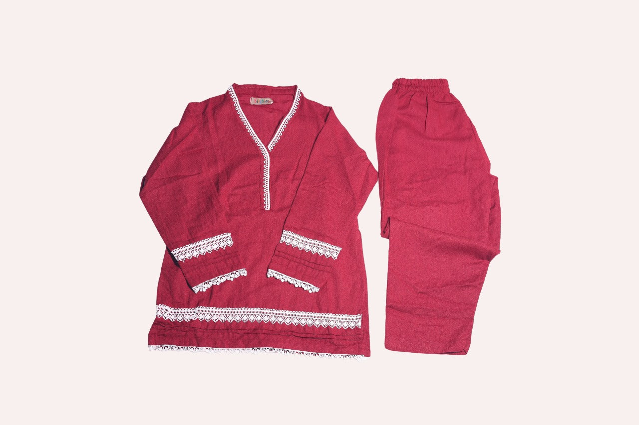 Girl Maroon Shalwar Suit Cotton Karandi