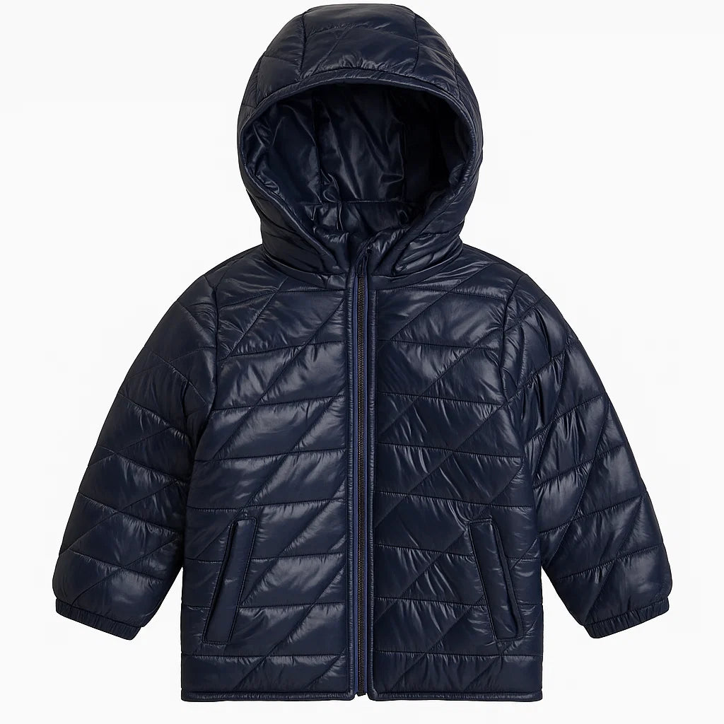Unisex Dark Blue Puffer Jacket with Detachable Hoodie
