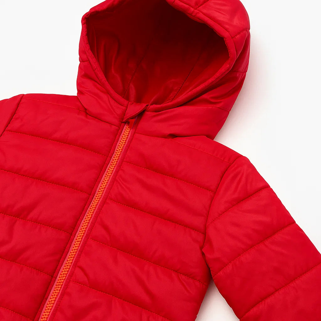 Unisex Red Puffer Jacket with Detachable Hoodie
