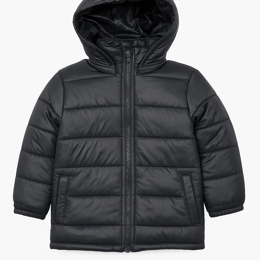Unisex Black Puffer Jacket with Detachable Hoodie