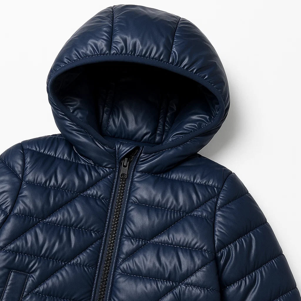 Unisex Dark Blue Puffer Jacket with Detachable Hoodie