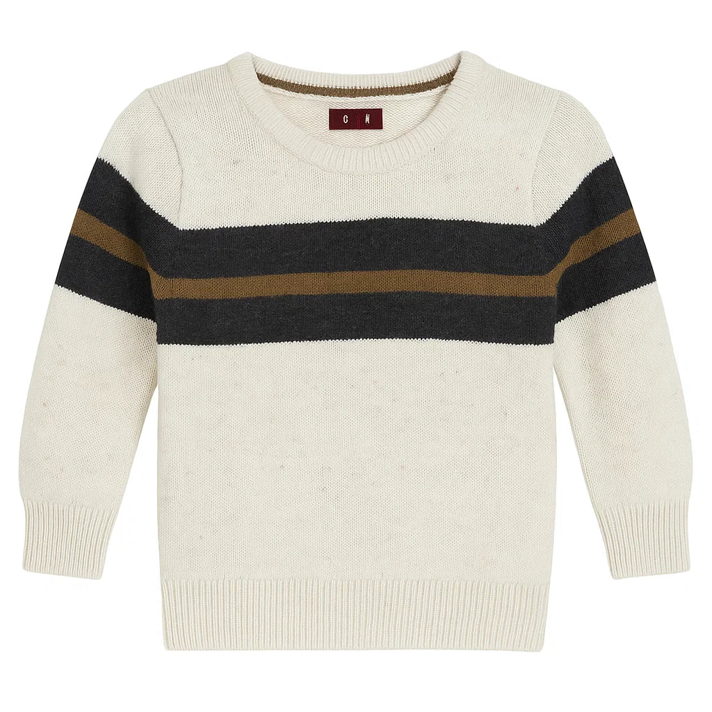 Off White Woolen Sweater with Black & Brown Stripe