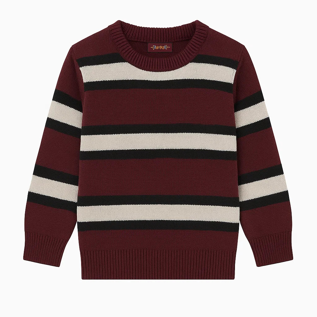 Maroon Cotton Sweater with White & Black Stripe