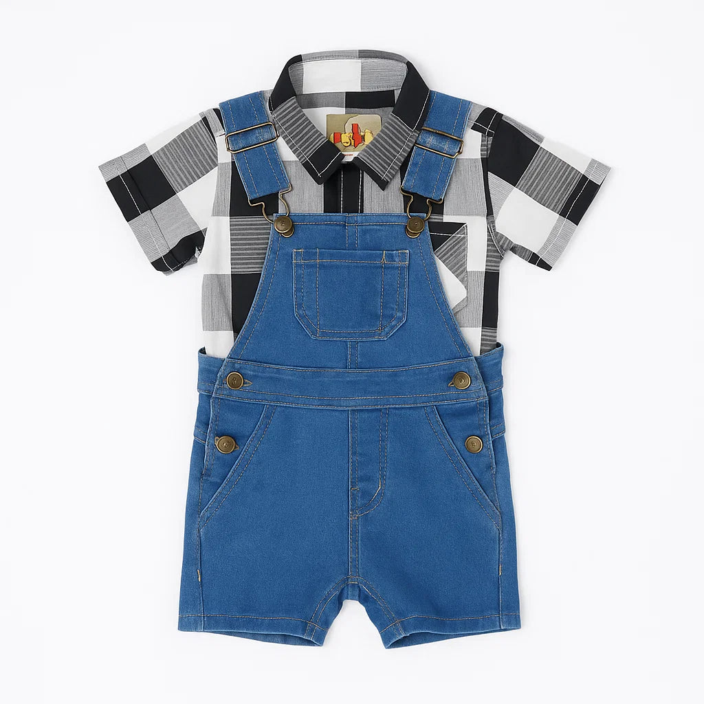 Dark Blue Denim Romper with Checkered Shirt